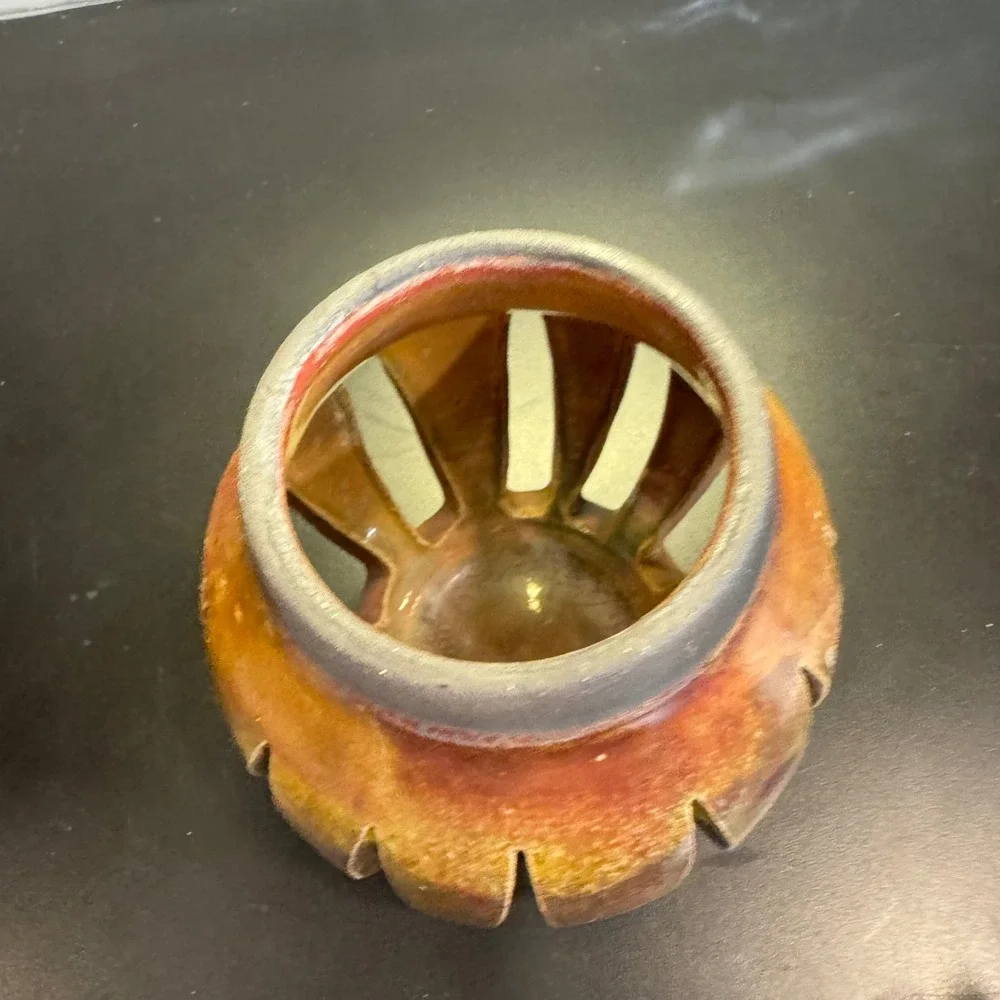 Studio Pottery Candle Holder Earth Tones Signed Artisan Slotted Vase